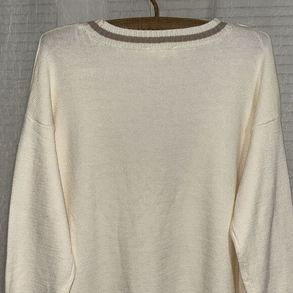 Pink Republic M Ivory Tan Stripe Trim Knit Button V-Neck Cardigan with Pockets - Picture 9 of 16